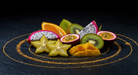 A beautiful display of fresh, healthy, and colorful tropical fruits, expertly arranged on a dark plate with decorative accents.の素材