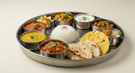 A traditional Indian thali platter, beautifully presented with assorted vegetarian curries, rice, roti, and various fresh condiments.の素材