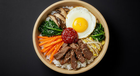 An authentic Korean bibimbap dish, beautifully arranged with rice, beef, a fried egg, various fresh vegetables, and spicy gochujang paste.の素材