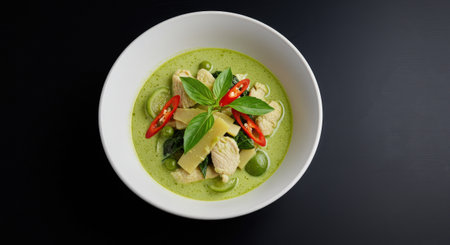 A vibrant Thai green curry, beautifully presented with succulent chicken, bamboo shoots, green peas, red chili, and fresh basil leaves in a white bowl.の素材