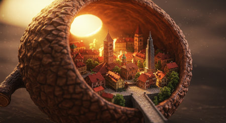 A fascinating miniature town with intricate buildings and a tall skyscraper is nestled inside a giant acorn shell, illuminated by a warm, glowing sun.の素材