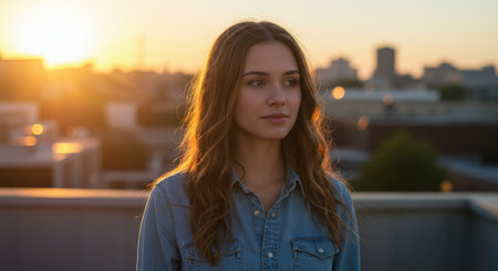 A radiant young Caucasian woman with long, wavy brown hair and fair skin stands on a city rooftop, bathed in the warm, golden light of a sunset.の素材