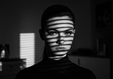 A captivating monochrome close-up, focusing on one person's expressive face illuminated by dramatic window light patterns.の素材