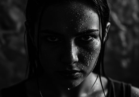A stark black and white portrait of one female, emphasizing a raw emotion and the texture of her wet skin.の素材