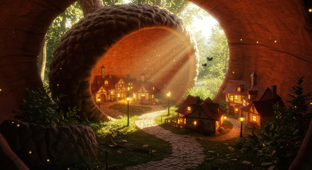 A whimsical miniature village is nestled inside a giant textured acorn. Glowing lanterns illuminate the path, with magical sun rays filtering through the forest.の素材