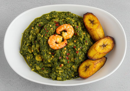 A white oval plate features Cameroon Ndole, a vibrant green stew with shrimp and red chili flakes, served alongside three golden-brown fried plantains.の素材