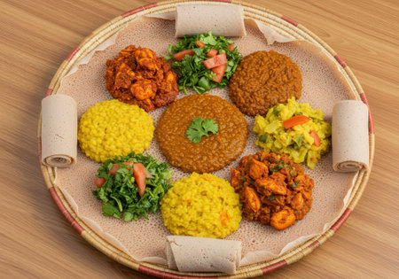 A large woven basket lined with Injera is topped with an assortment of colorful Ethiopian Wat stews and garnished with a green leaf, accompanied by rolled Injera.の素材
