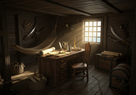 The interior of a pirate captain cabin on a ship, with a wooden desk, hammock, rolled maps, mounted weapons, and sunlight streaming through a window.の素材