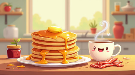 Detailed cartoon breakfast scene. Stack of golden pancakes with melting butter, syrup. Hot coffee in a cute mug, crispy bacon, jam jar, plants on kitchen table. Warm morning light.の素材