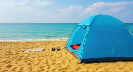 A vibrant blue tent stands on golden sand next to calm turquoise waters, under a clear sky, suggesting a perfect beach getaway.の素材
