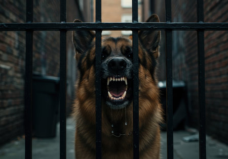 An angry German Shepherd dog barks aggressively with bared sharp teeth behind a black metal fenceの素材