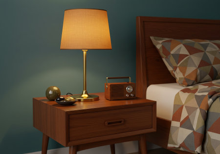 A modern bedroom interior at night featuring a wooden nightstand with a lamp, radio, and decorative items next to a bed.の素材