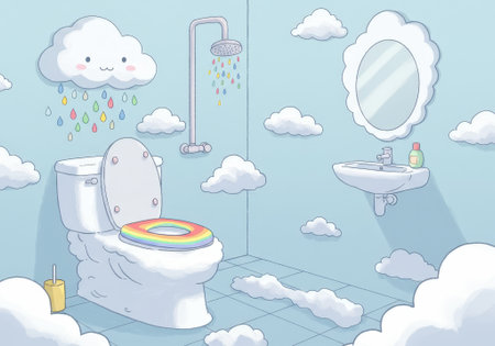 A whimsical cartoon bathroom in the sky with a toilet featuring a rainbow seat, a cloud shower with colorful rain, and fluffy cloud furniture.の素材