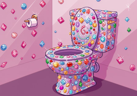 A whimsical cartoon bathroom featuring a white toilet covered in colorful jewels, pink walls with gems, and a sparkly aesthetic.の素材