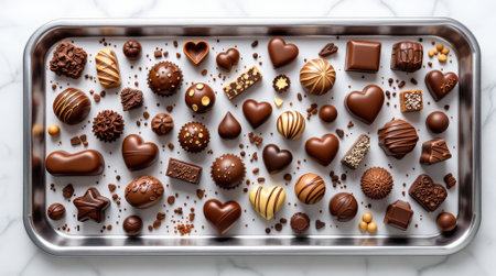 A beautiful collection of assorted gourmet chocolates, featuring various shapes and textures, perfect for a festive occasion.の素材