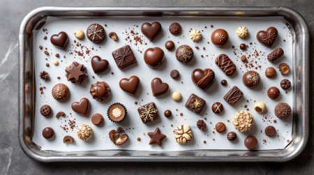 An assortment of heart-shaped and decorative chocolates is beautifully arranged on a silver tray, showing various textures and flavors.の素材