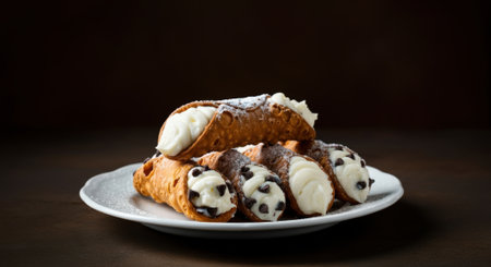 Indulging in traditional cannoli Siciliani featuring a crisp shell filled with sweet ricotta and chocolate chips in Italy.の素材