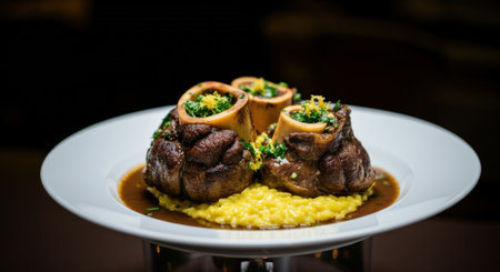 Tender ossobuco alla Milanese featuring marrow bones sits atop creamy risotto, garnished with herbs in an Italian restaurant setting.の素材