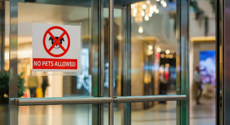 A clear sign displayed at the entrance of a shopping center prohibits pets, ensuring a calm environment for shoppers.の素材