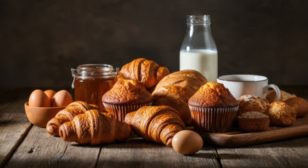 A delicious assortment of baked goods, including croissants and muffins, beautifully arranged on a rustic wooden table with milk and eggs.の素材