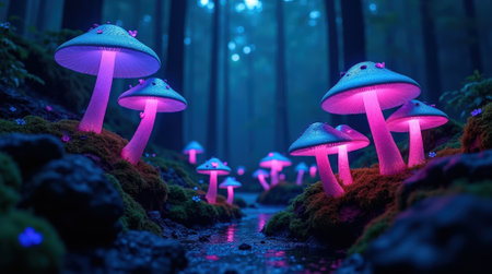 Bioluminescent mushrooms light up a serene forest area near a stream, casting an enchanting glow amidst the trees at twilight.の素材