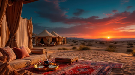A beautiful sunset paints the sky over desert tents with a cozy seating area adorned with cushions and a low table.の素材