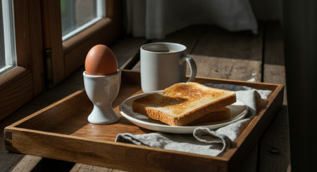 Warm toast sits on a alongside plate a soft-boiled egg and a cup of coffee, bathed in morning sunlight by the window.の素材