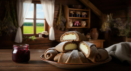 Delicious rye pastries filled with curd cheese sit on a wooden table, accompanied by berry jam in a jar. The rustic cabin provides a warm atmosphere.の素材