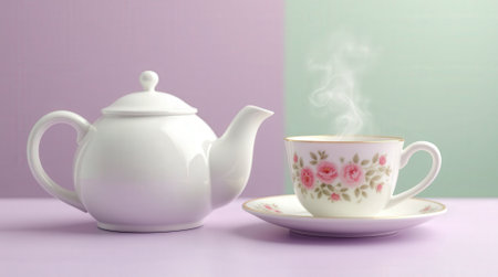 A white teapot sits beside a floral teacup with steam rising, creating a warm ambiance in a pastel-themed room.の素材