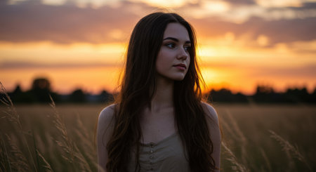 A captivating portrait of a young Caucasian woman with long brown wavy hair and fair skin standing in sunlit field with a vibrant golden sunsetの素材