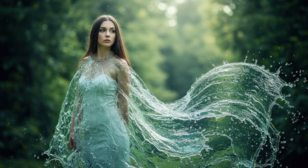 A striking artistic portrait features a young woman with long, dark hair wearing a dress seemingly made of flowing waterの素材