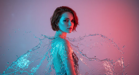 A striking artistic portrait features a young woman with short hair, illuminated by colorful neon lighting and surrounded by dynamic water splashes.の素材