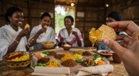 A close-up of a hand holding a piece of injera with dripping honey, while blurred women in the background enjoy a traditional Ethiopian meal on a large shared platter.の素材