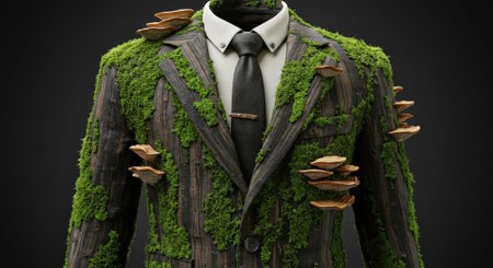 A striking and surreal close-up features a formal suit jacket and tie, meticulously covered in vibrant green moss and various brown mushroomsの素材
