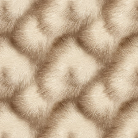 Close-up of a luxurious light brown or beige seamless faux fur texture, featuring soft, dense hairs arranged in a subtle wavy or chevron pattern. Cozy textileの素材
