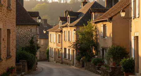 A tranquil, curving street winds through a charming traditional French village, lined with ancient stone houses featuring rustic facades and warm evening light.の素材