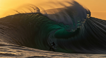 Dramatic scene of a lone surfer skillfully riding inside the barrel of a huge, powerful emerald green ocean wave against a glowing golden sunset sky.の素材