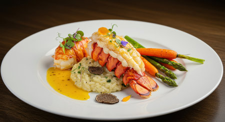 Exquisite fine dining presentation of a succulent lobster tail atop creamy truffle risotto, accompanied by fresh asparagus, baby carrots, and delicate edible flowersの素材