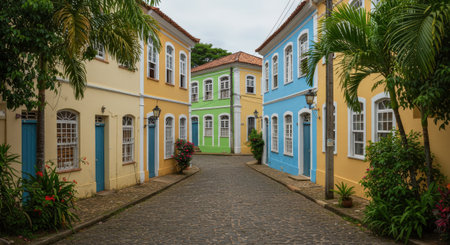 A vibrant, cobblestone street winds through a Brazilian city, lined with brightly painted historic buildings under a cloudy sky.の素材