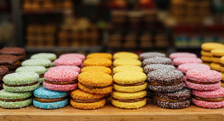 Close up of assorted colorful Argentinian alfajores cookies filled with dulce de leche. Traditional sweet dessert treats displayed on a wooden board at a market stallの素材