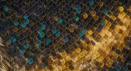 Macro close up of butterfly wing scales revealing intricate natural patterns and iridescent colors. Focuses on biological beauty and delicate microstructures.の素材