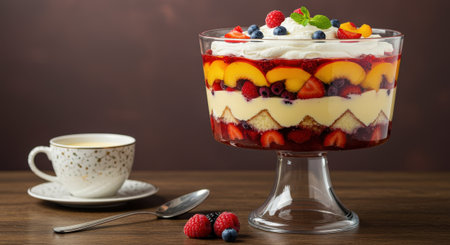 Traditional English trifle dessert beautifully layered with sponge cake, fresh berries, peaches, custard, and whipped cream, served in a glass trifle bowl on a wooden tableの素材