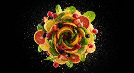 Dynamic vortex of fresh citrus fruit slices, berries, and green leaves. A vibrant and colorful display of healthy eating and natural beauty.の素材