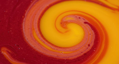 Vibrant abstract swirl of red and yellow fruit puree, creating a dynamic, mesmerizing pattern. Features smooth liquid texture and rich, intense colors.の素材