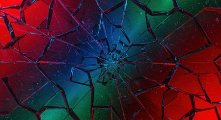 A vibrant and dynamic abstract mosaic composed of colorful broken glass shards. The red, blue, and green pieces create a striking, textured effect.の素材