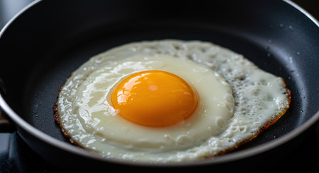 Close-up of a delicious fried egg with a bright yolk, cooking in a dark pan. Perfect breakfast food, sunny side up with crispy edges, hot and freshの素材