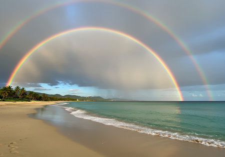 A breathtaking scene of a double rainbow gracefully arching over a serene tropical beach with calm turquoise ocean waters and palm trees.の素材
