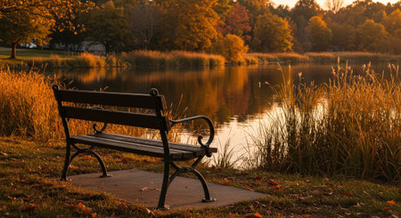 An empty park bench by a calm lake reflects the golden autumn sunset. Fall foliage trees on the far shore create a serene, contemplative natural sceneの素材