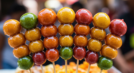 Colorful and shiny Tanghulu skewers, a traditional Chinese candied fruit street food, arranged in rows with a blurred market background.の素材