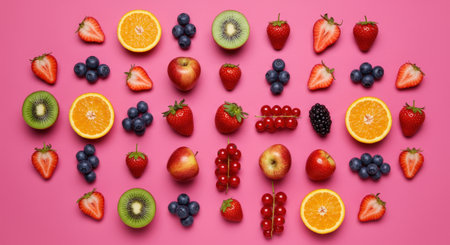A vibrant flat lay of assorted fresh fruits including strawberries, blueberries, kiwi, and oranges, neatly arranged on a pink background.の素材